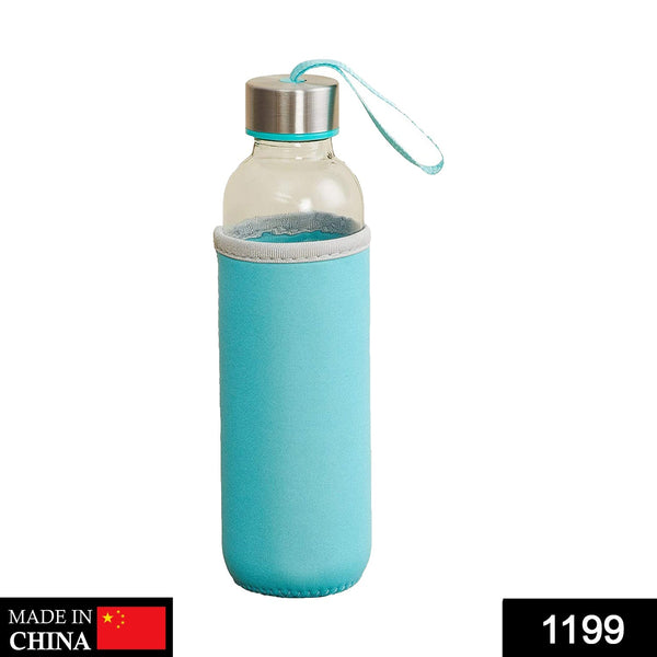 glass water bottle, 500 ml, with protective cover.