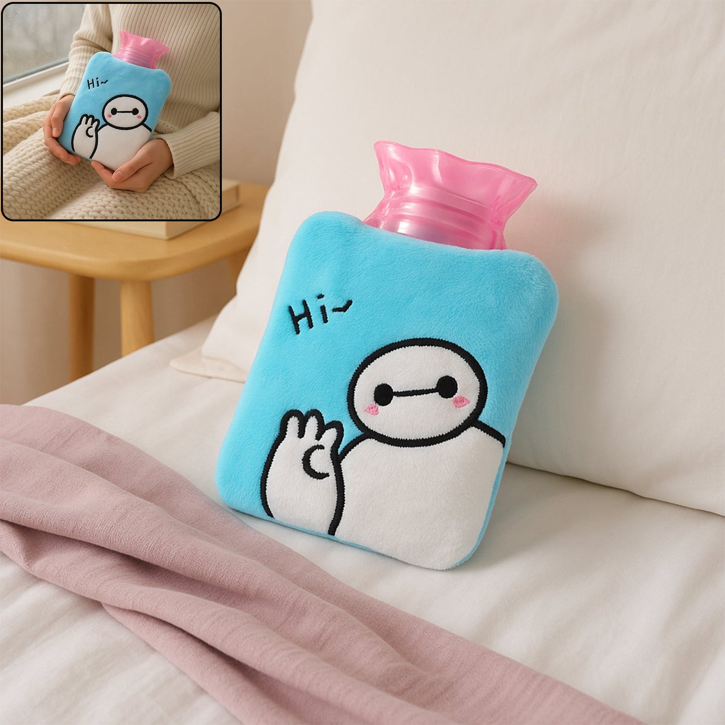 Blue Baymax Small Hot Water Bag with Cover for Pain Relief