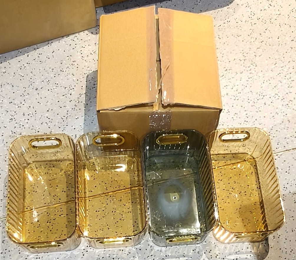 Premium Ribbed Transparent Storage Basket with Gold Handle – Multipurpose Kitchen &amp; Home Organizer Box (25x14cm / 4 Pc)